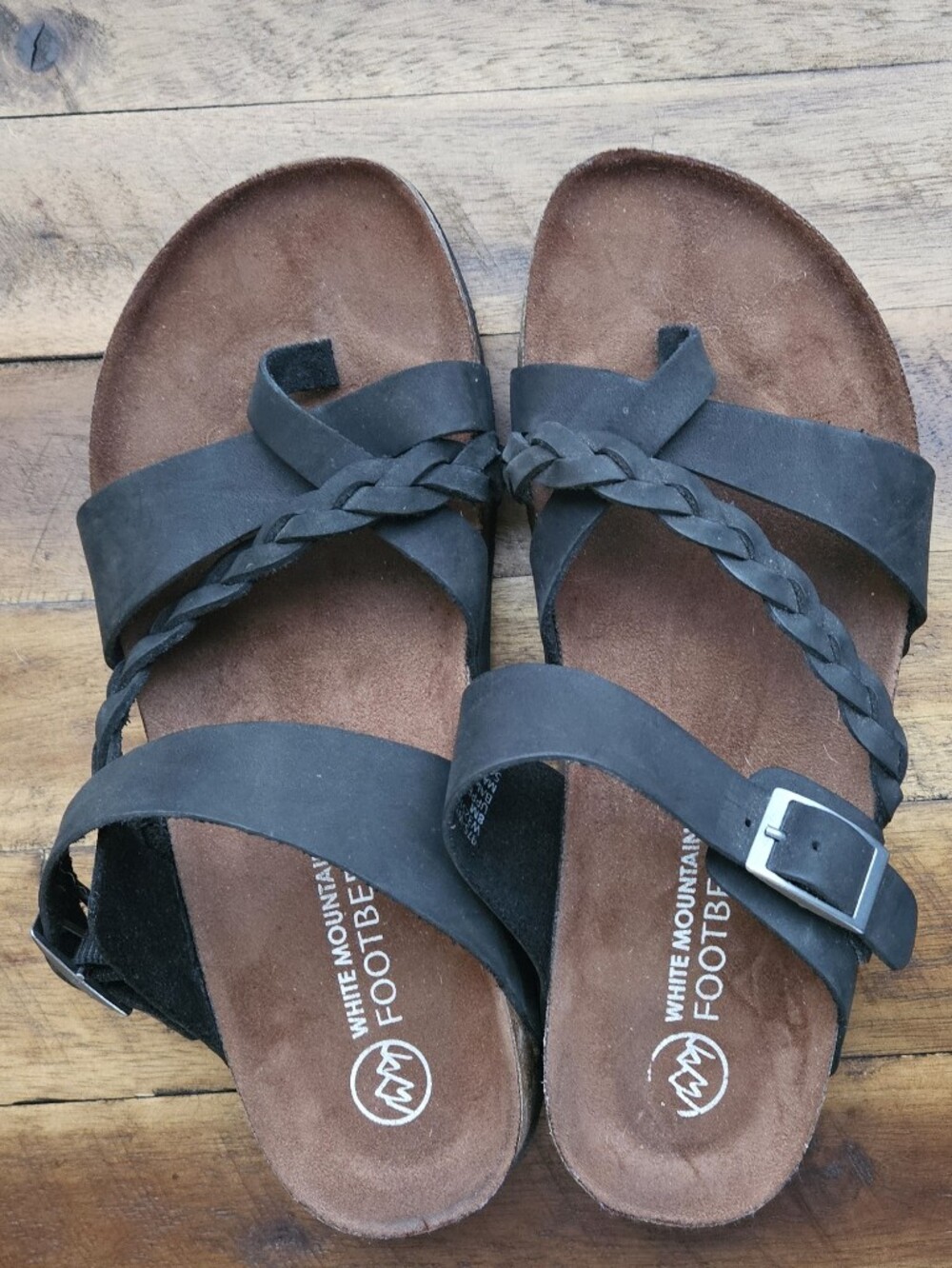 Women's White Mountain Hazy Leather Footbed Braided Sandals - Black - Size 8